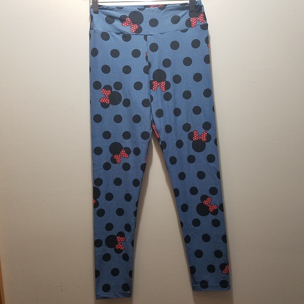 LuLaRoe x Disney Minnie Mouse Blue Leggings Polka Dots One Size Lounge Pants S M - Picture 5 of 9